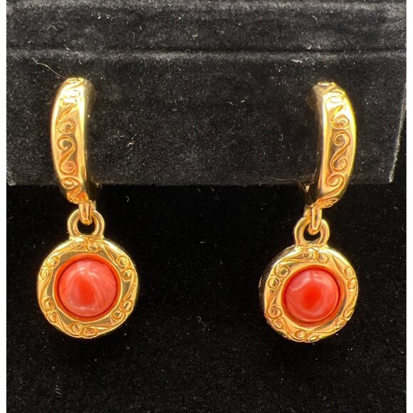 Gold-Tone Monet Hoop Earrings With Red Cabochon Dangles Vintage Style - Picture 2 of 7